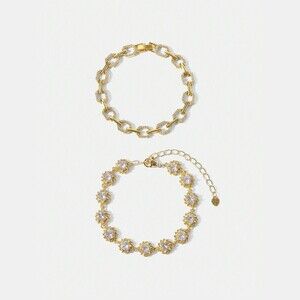 Gold Rhinestone Link Bracelet Set, 2pcs Pave & Floral Cluster